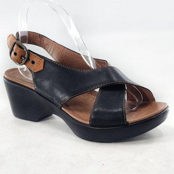 DANSKO Jacinda Black Leather Criss Cross Slingback Wedge Sandals - Picture 4 of 10